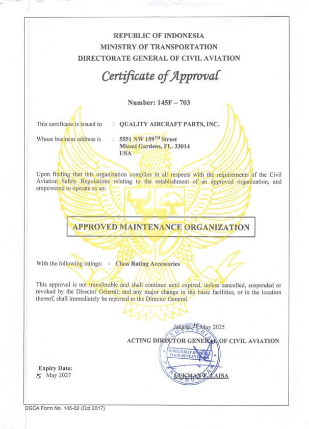 DGCA145F-703-Quality-Aircraft-Parts-Inc-2025 Certification